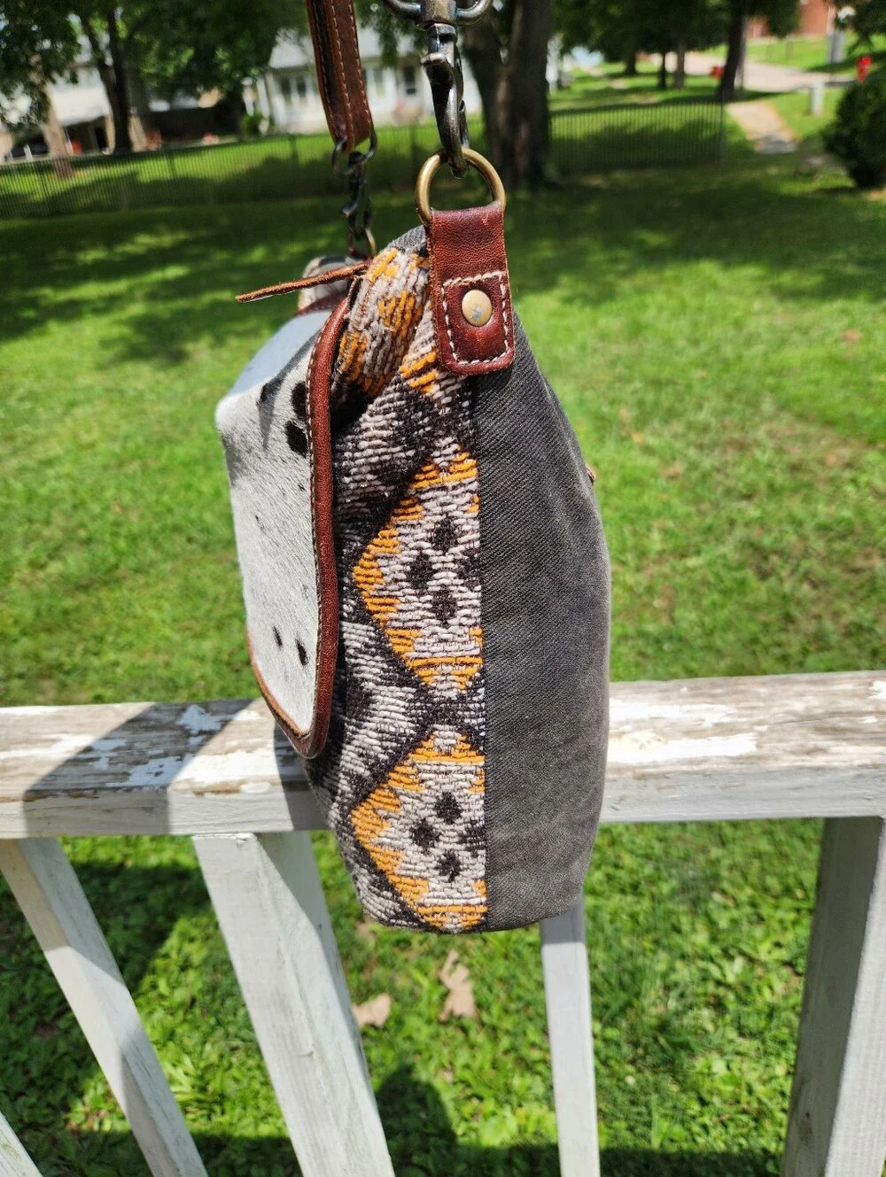 Myra Western Calves Hair Aztec Design Crossbody Shoulders Euc